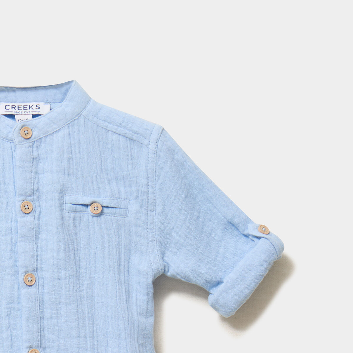 Chemise col mao en gaze de coton bleu pastel b&eacute;b&eacute; gar&ccedil;on