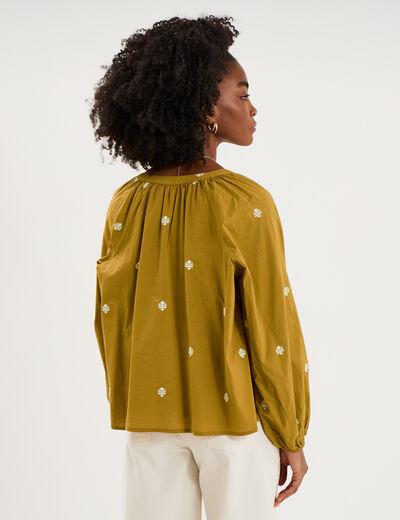 Blouse brod&eacute;e col tunisien coton vert olive femme