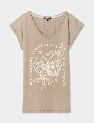 T-shirt coton col en V manches courtes vert kaki femme