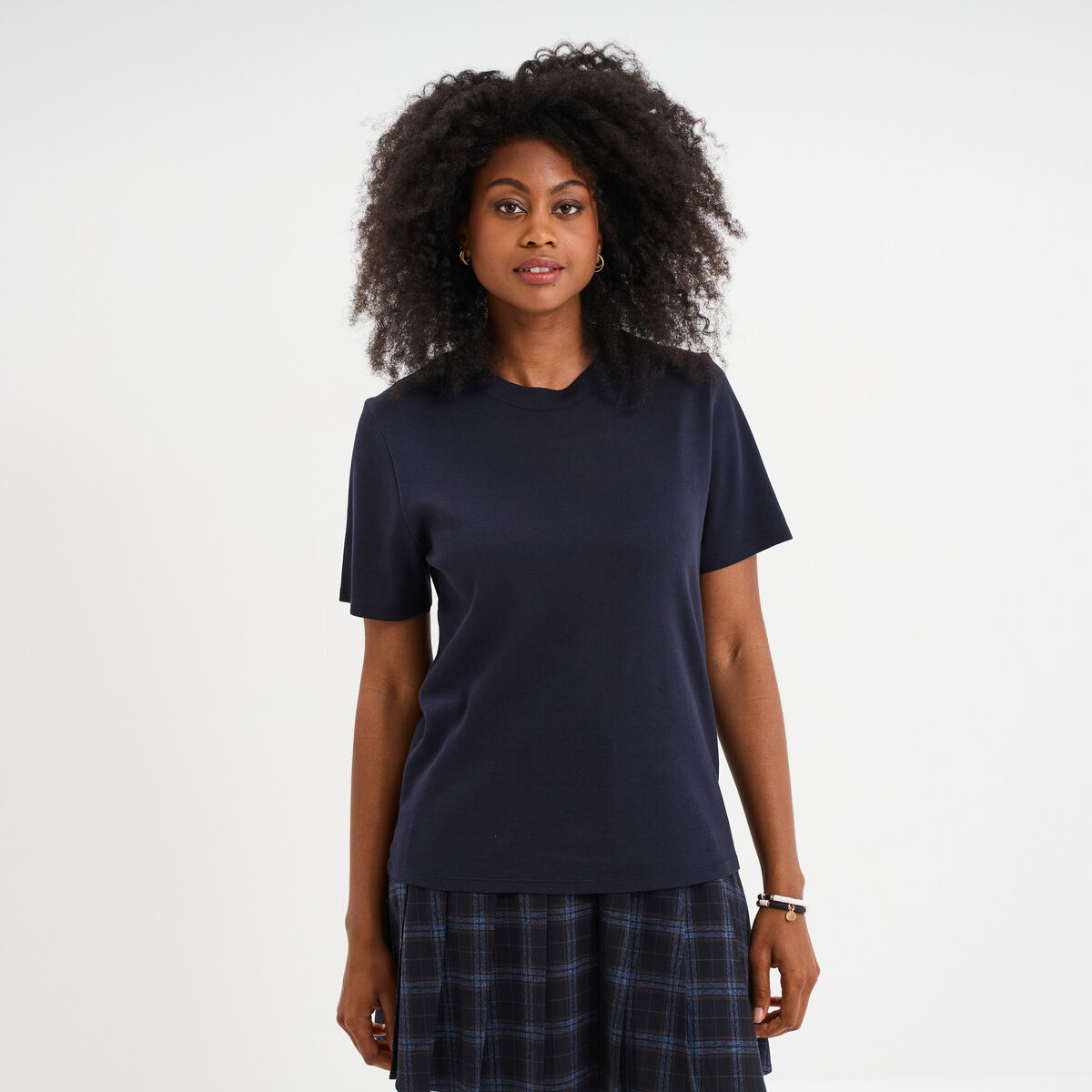 T-shirt col rond manches courtes coton bleu fonc&eacute; femme