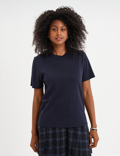 T-shirt col rond manches courtes coton bleu fonc&eacute; femme