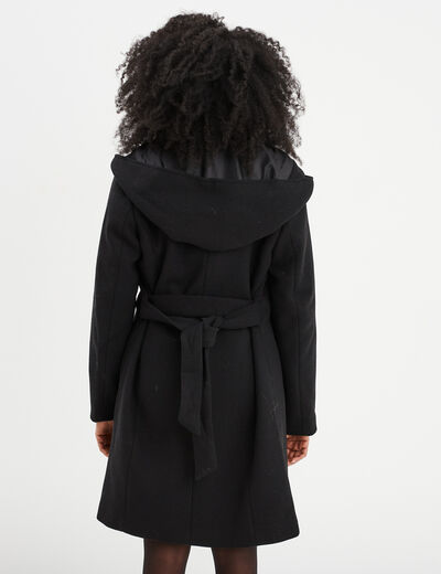 Manteau long ceinturé à capuche noir femme