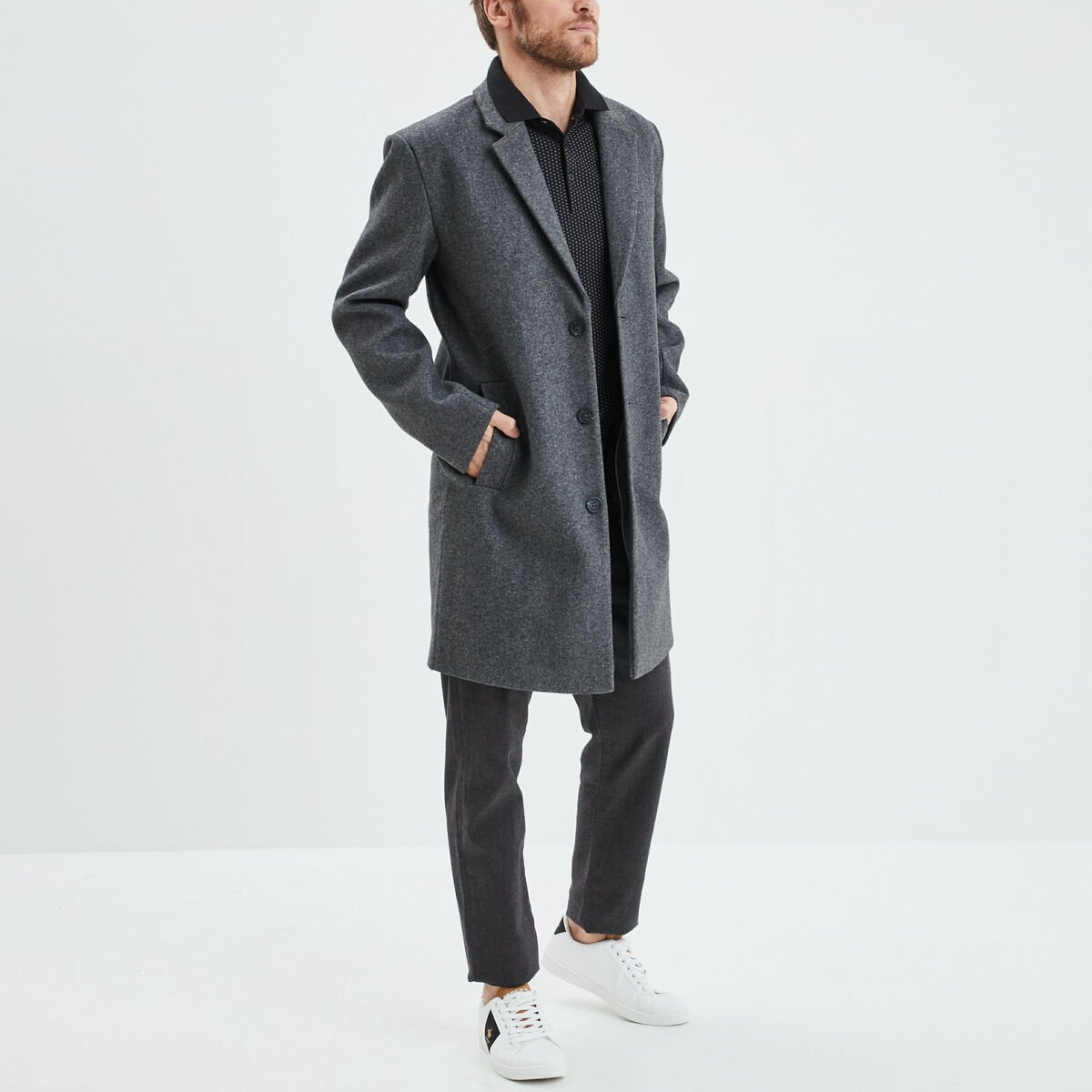 Polo manches longues encolure boutonnée noir homme