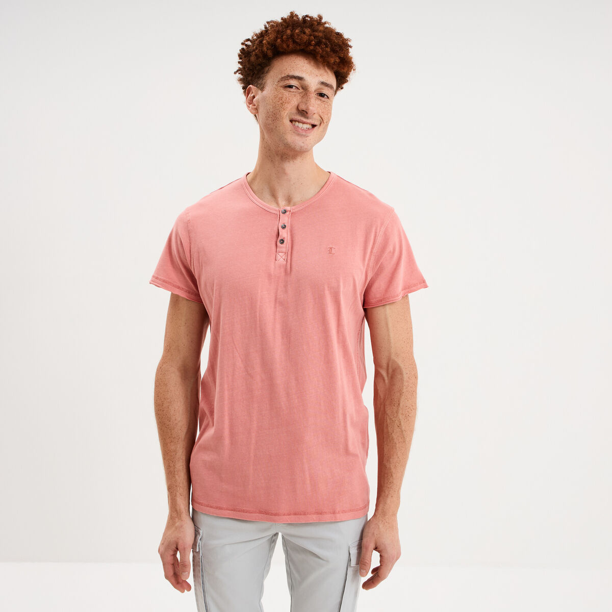 T-shirt col tunisien manches courte vieux rose homme