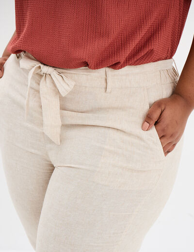 Pantacourt chino lin mélangé beige femme grande taille