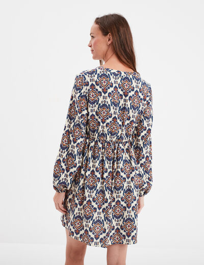 Robe col tunisien courte évasée fluide ecru femme
