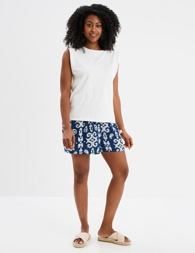 Short large crêpe avec pampilles bleu marine femme