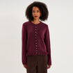 Gilet col rond &agrave; volants boutonn&eacute; prune femme
