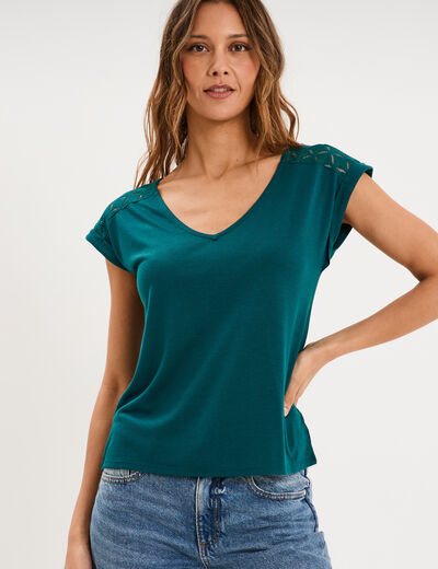 T-shirt col en V ajour&eacute; &eacute;paules et dos vert fonc&eacute; femme