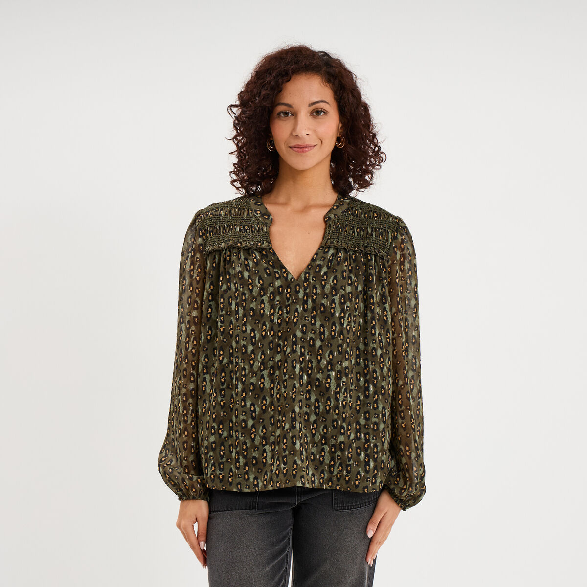Blouse col tunisien manches longues vert kaki femme