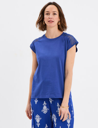 T-shirt épaules broderie coton bleu roi femme