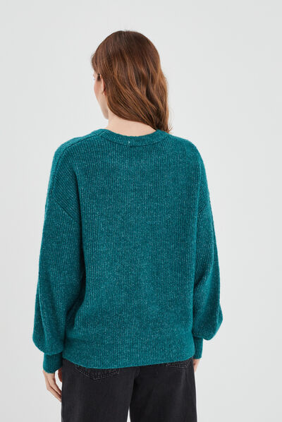 Pull col rond manches ballons bleu canard femme