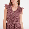 Robe col V plumetis droite ceinturée bordeaux femme