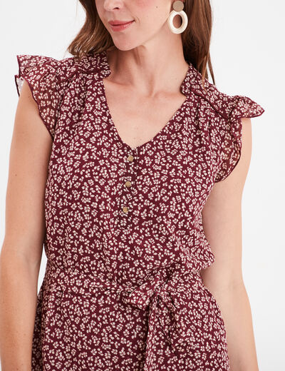 Robe col V plumetis droite ceinturée bordeaux femme