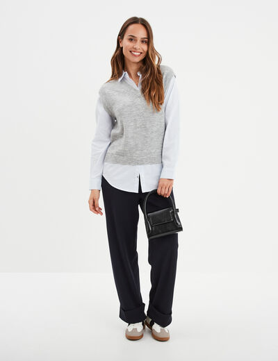 Pull effet 2-en-1 manches longues gris femme