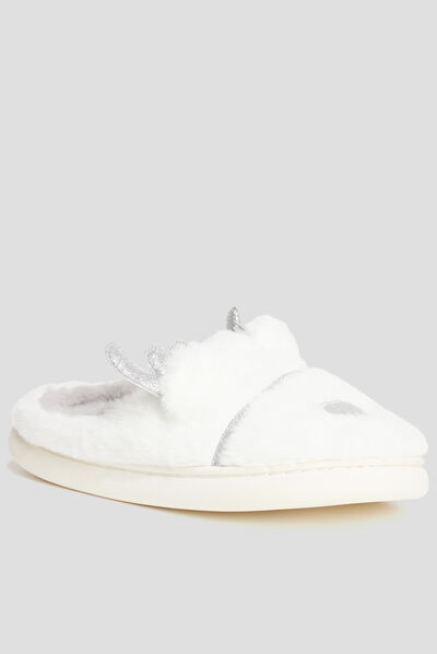 Chaussons mules renne fausse fourrure blanc femme