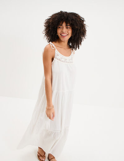 Robe longue bretelles nou&eacute;es coton blanc femme