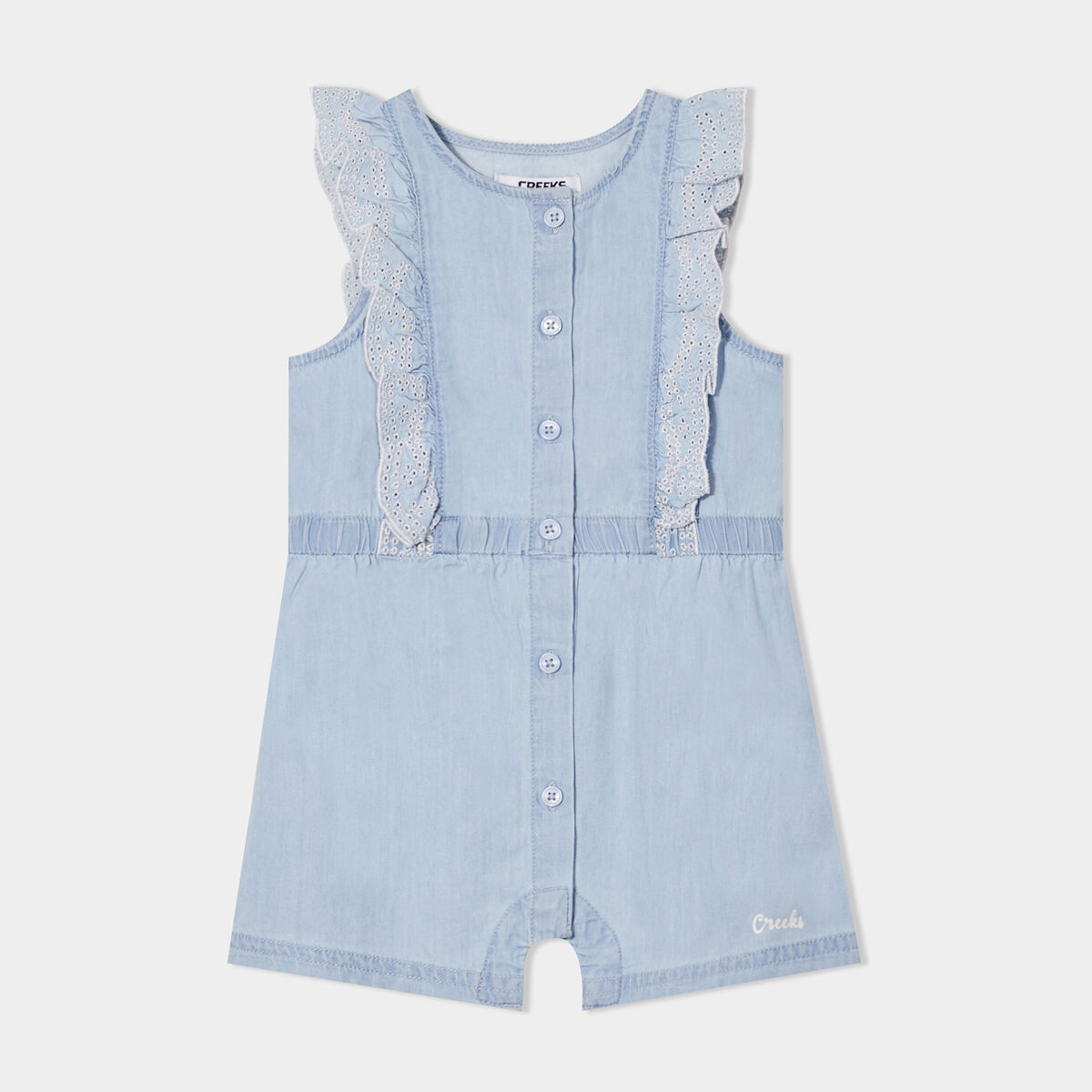 Combishort en jean volants brod&eacute;s Creeks denim bleach b&eacute;b&eacute; fille
