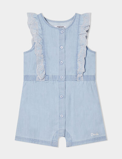 Combishort en jean volants brodés Creeks denim bleach bébé fille