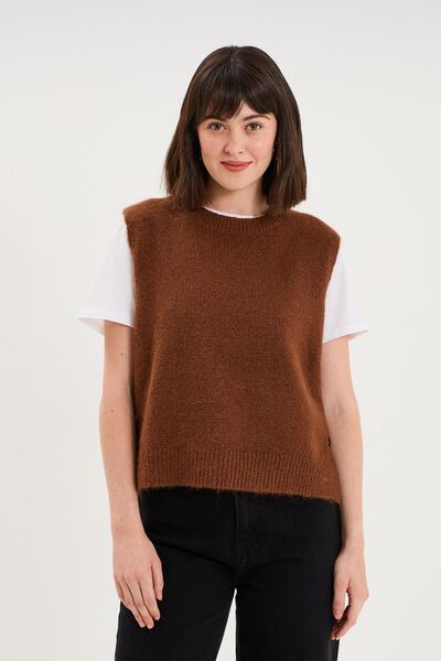 Pull col rond sans manches &agrave; boutons marron fonc&eacute; femme