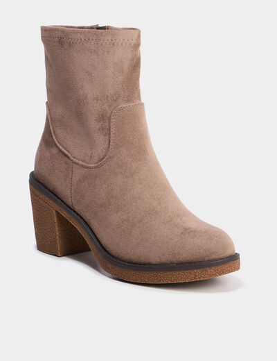 Boots effet su&eacute;dine &agrave; talons taupe femme