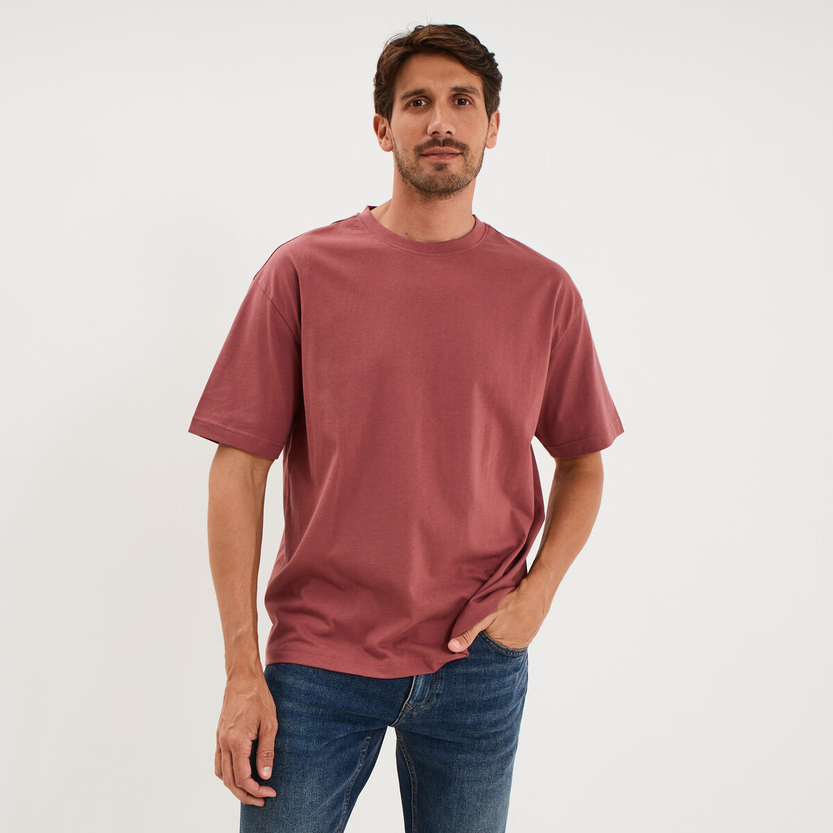 T-shirt col rond coupe relax coton &eacute;pais vieux rose homme