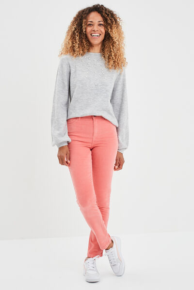 Pull avec perles et manches ballons gris clair femme
