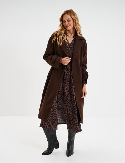 Manteau long boutonn&eacute; marron fonc&eacute; femme