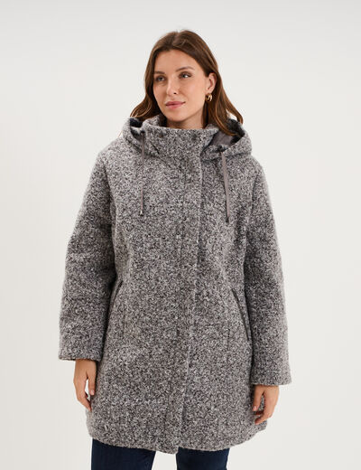 Manteau aspect bouclette &agrave; capuche gris femme grande taille