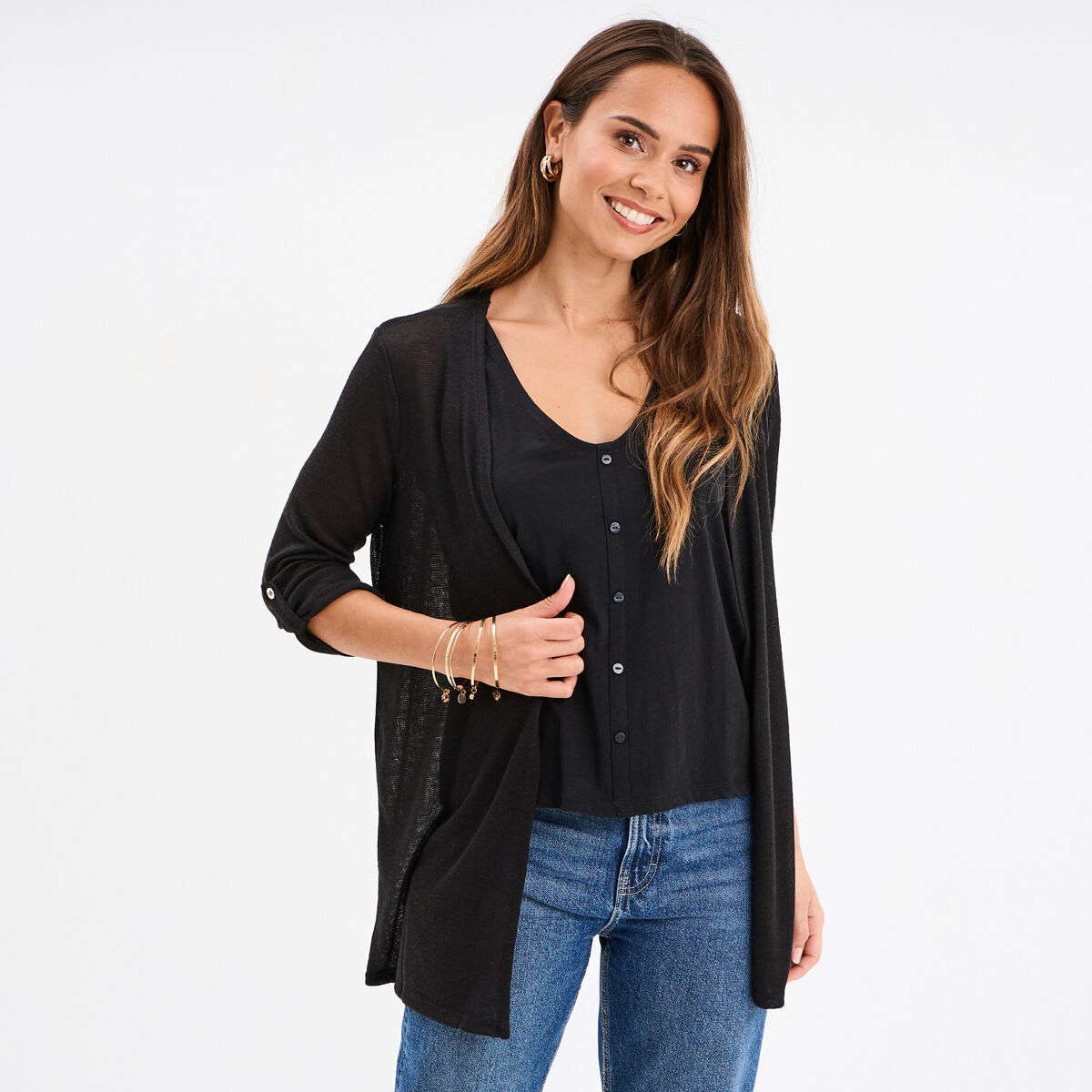 Gilet fin mi long manches 3/4 noir femme