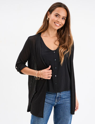 Gilet fin mi long manches 3/4 noir femme