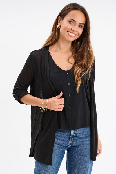 Gilet fin mi long manches 3/4 noir femme