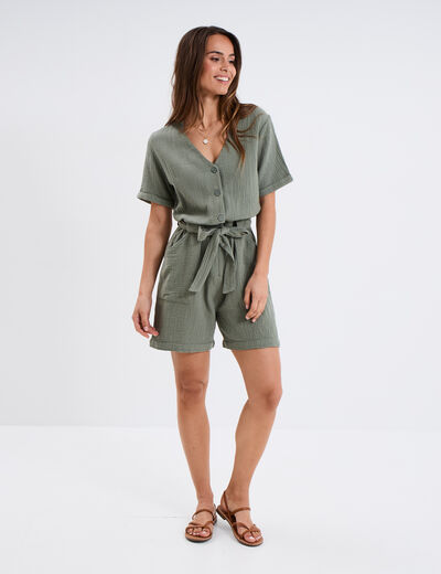 Combishort ceinturée en gaze de coton vert kaki femme
