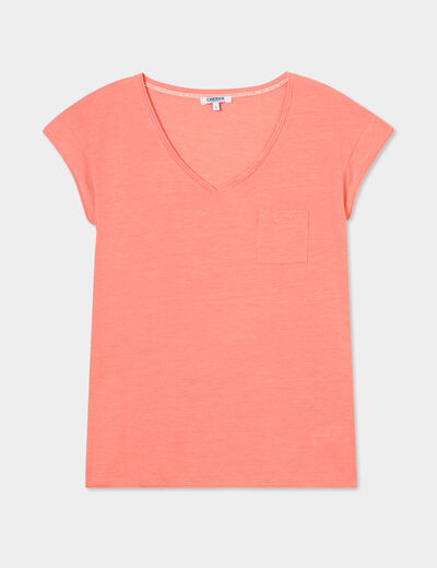 T-shirt col v poche poitrine Creeks rose corail femme