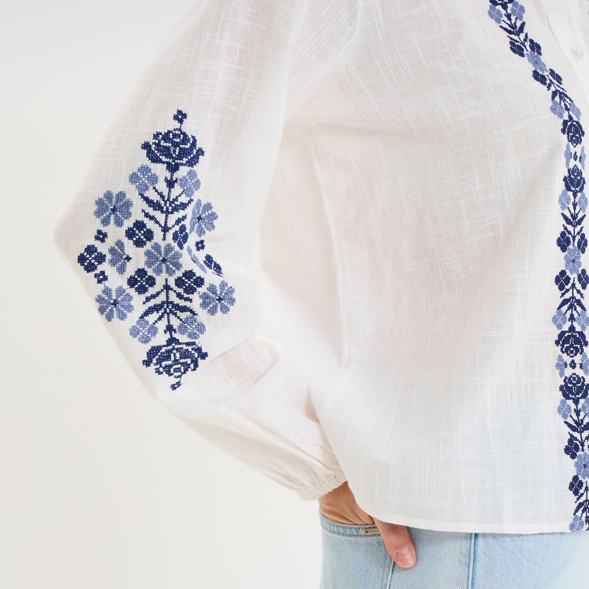Blouse brod&eacute;e manches longues coton ecru femme