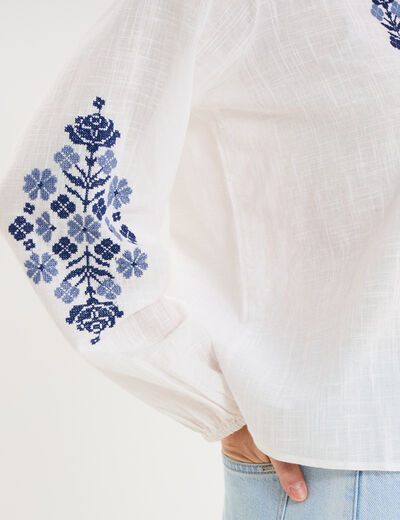 Blouse brod&eacute;e manches longues coton ecru femme