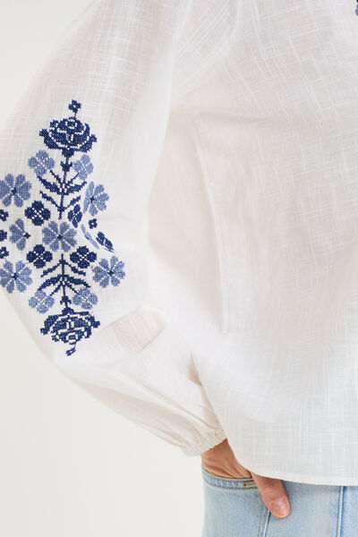 Blouse brod&eacute;e manches longues coton ecru femme