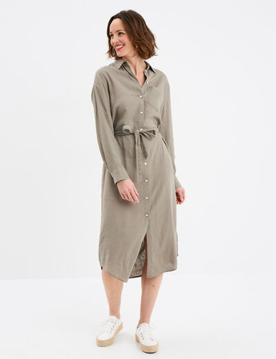 Robe chemise mélange lin vert kaki femme