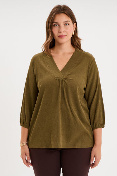 Blouse oversize manches 3/4 et col en V beige femme grande taille