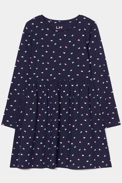 Robe trapèze manches longues coton bleu marine fille