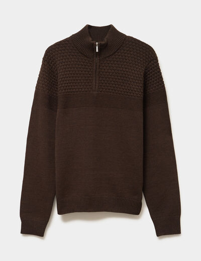 Pull col camionneur zipp&eacute; marron fonc&eacute; homme