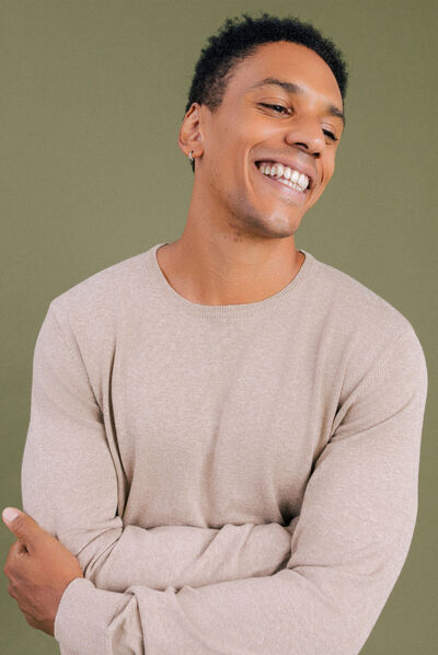 Pull col rond à manches longues beige homme