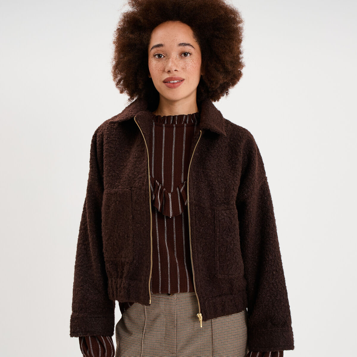 Veste bouclette oversize col tailleur marron fonc&eacute; femme