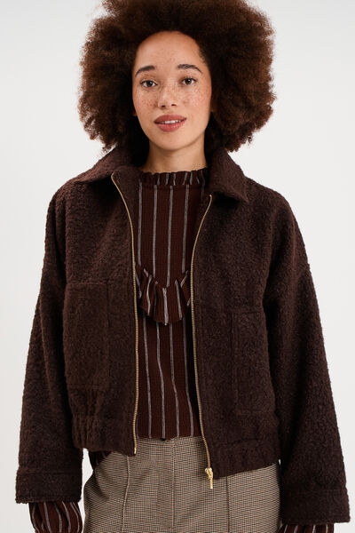 Veste bouclette oversize col tailleur marron fonc&eacute; femme