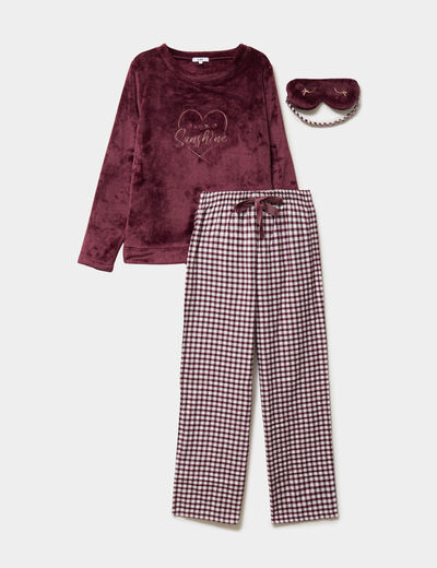Ensemble pyjama effet polaire 3 pi&egrave;ces bordeaux femme
