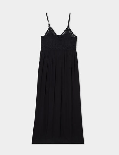 Robe longue col en V haut effet crochet noir femme