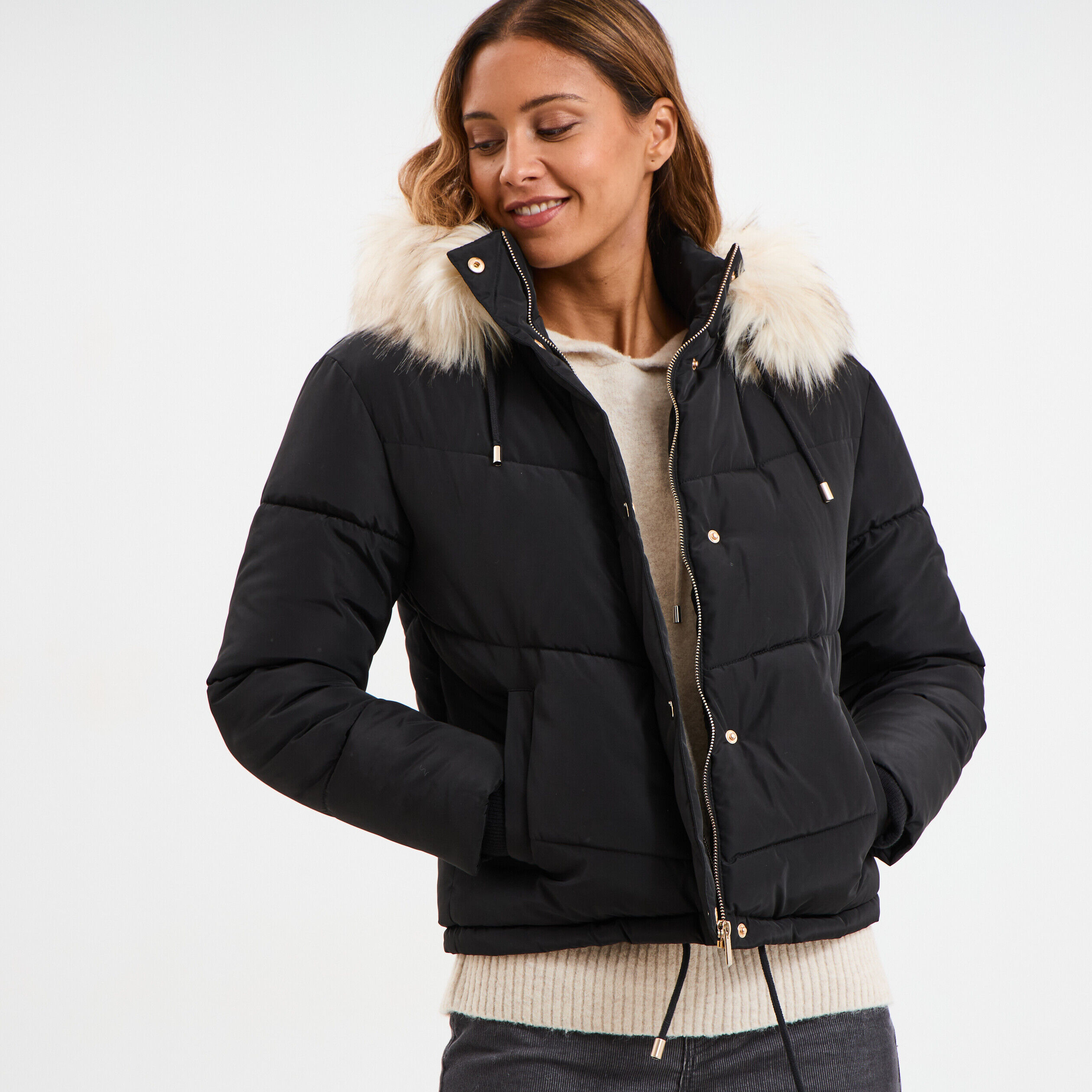 Doudoune doublée capuche fausse fourrure noir femme LIBERTO