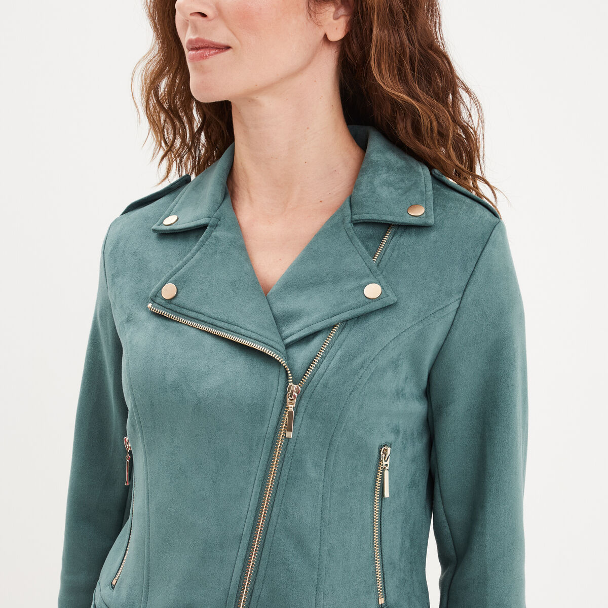 Veste courte esprit biker effet suédine vert foncé femme