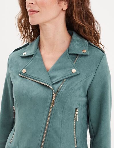 Veste courte esprit biker effet suédine vert foncé femme