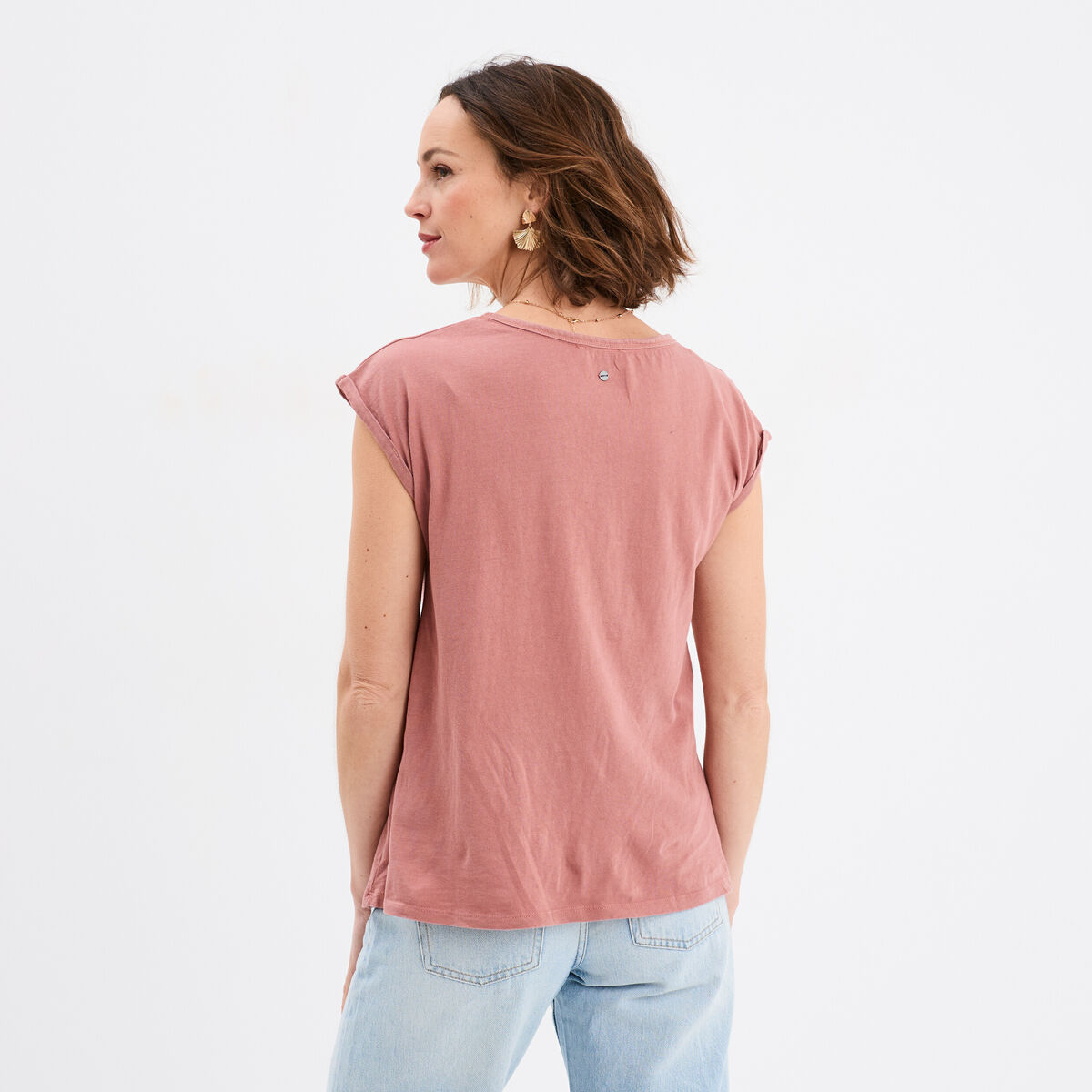 T-shirt coton col en V manches courtes vert clair femme